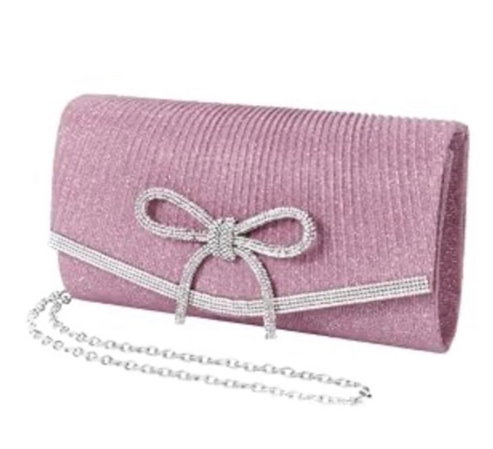 XquiziFit Pink Sparkly Rhinestone Bow Evening Clutch Purse
